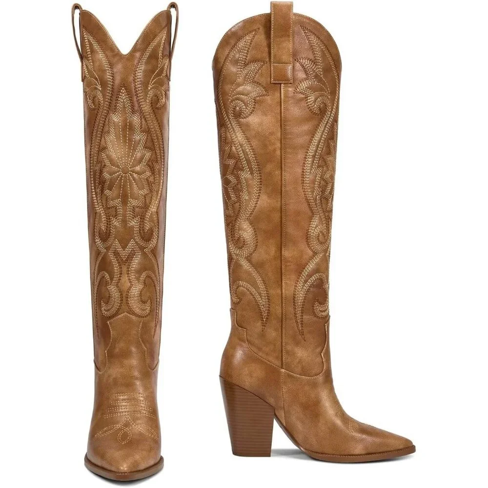 Women's Knee High Western Embroidered Chunky Heel Tall Brown Boots - Picture 3 of 6